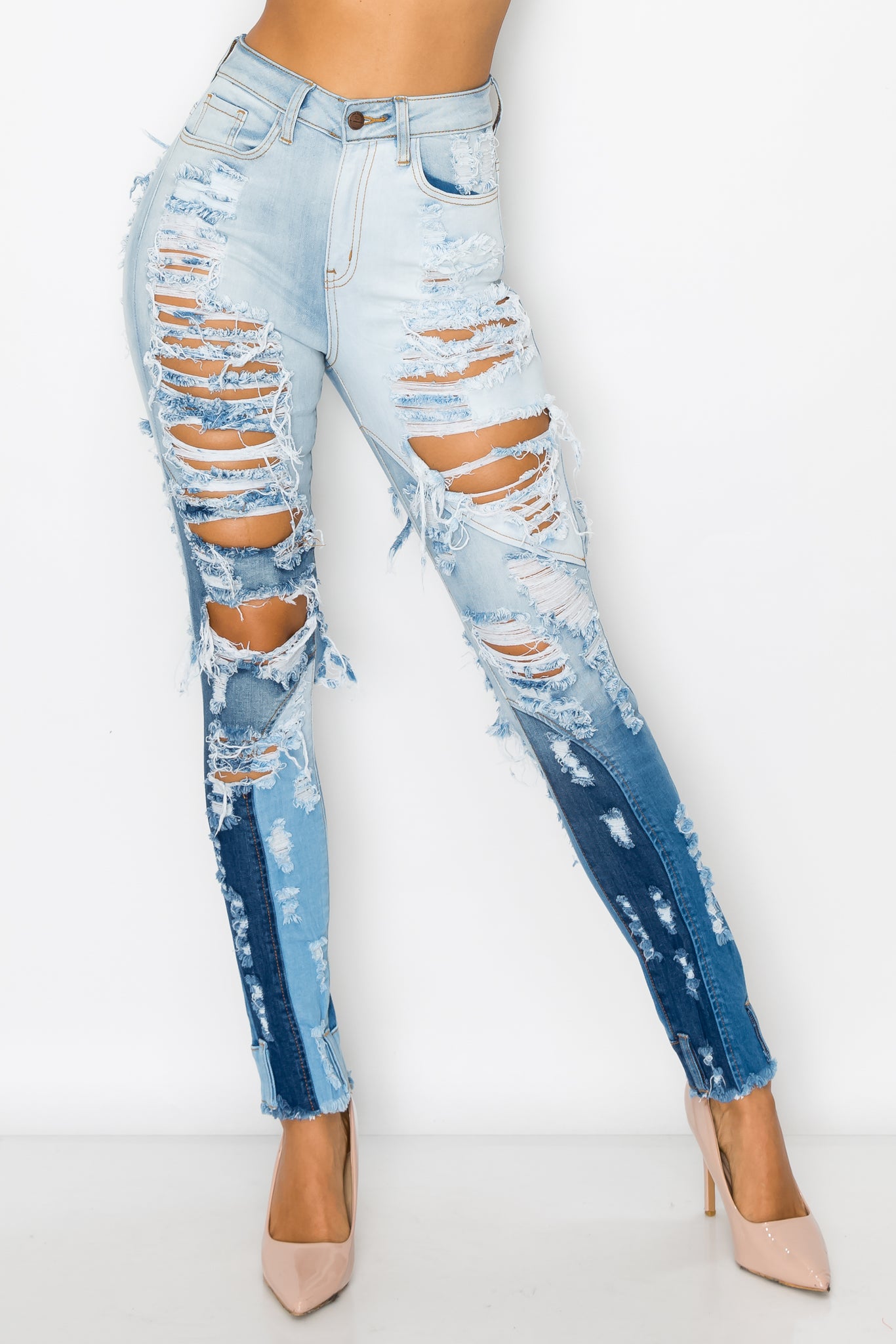 4915 Women's High Waisted Shredded Washed Down Skinny Jeans