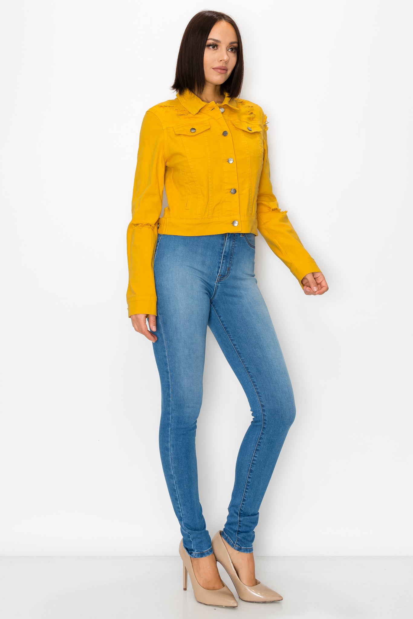 Unique Bargains Women's Button Down Long Sleeve Cropped Denim Jacket M  Yellow - Walmart.com