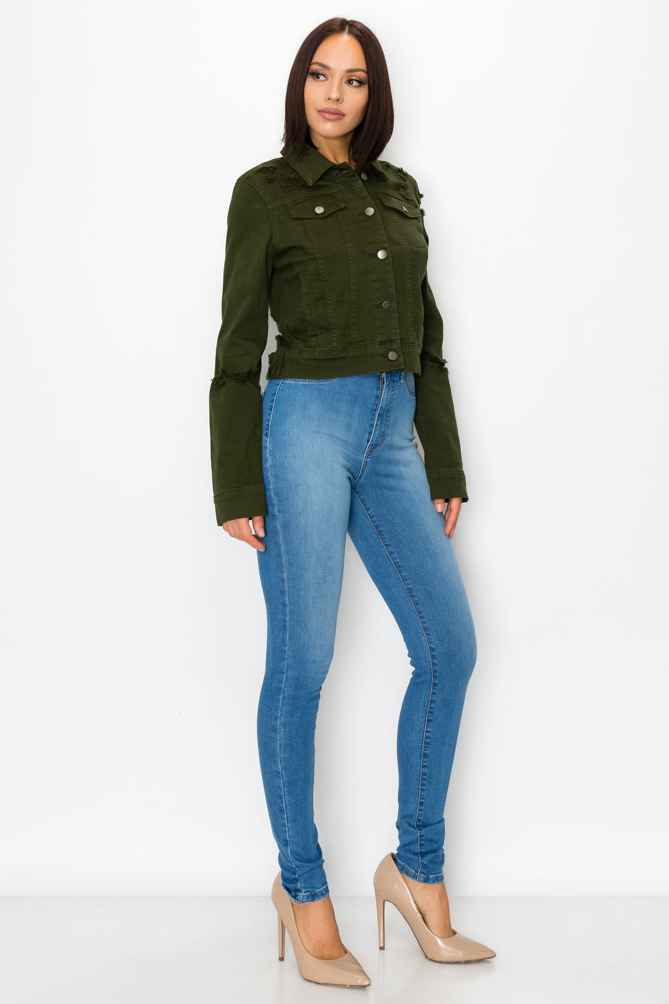 Weekday Women's Medium Drawstring Denim Jacket Khaki Green Short Pockets |  eBay