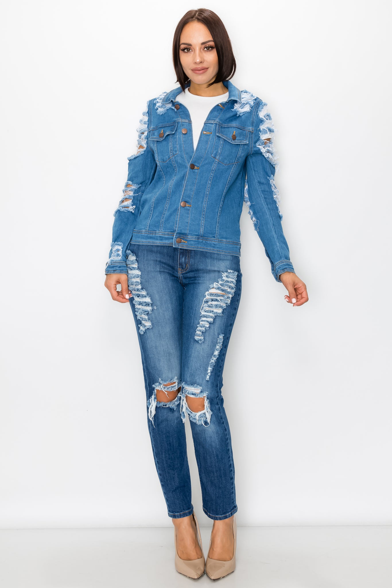 8109 Women's Button Up Denim Jacket with Destroyed Sleeve