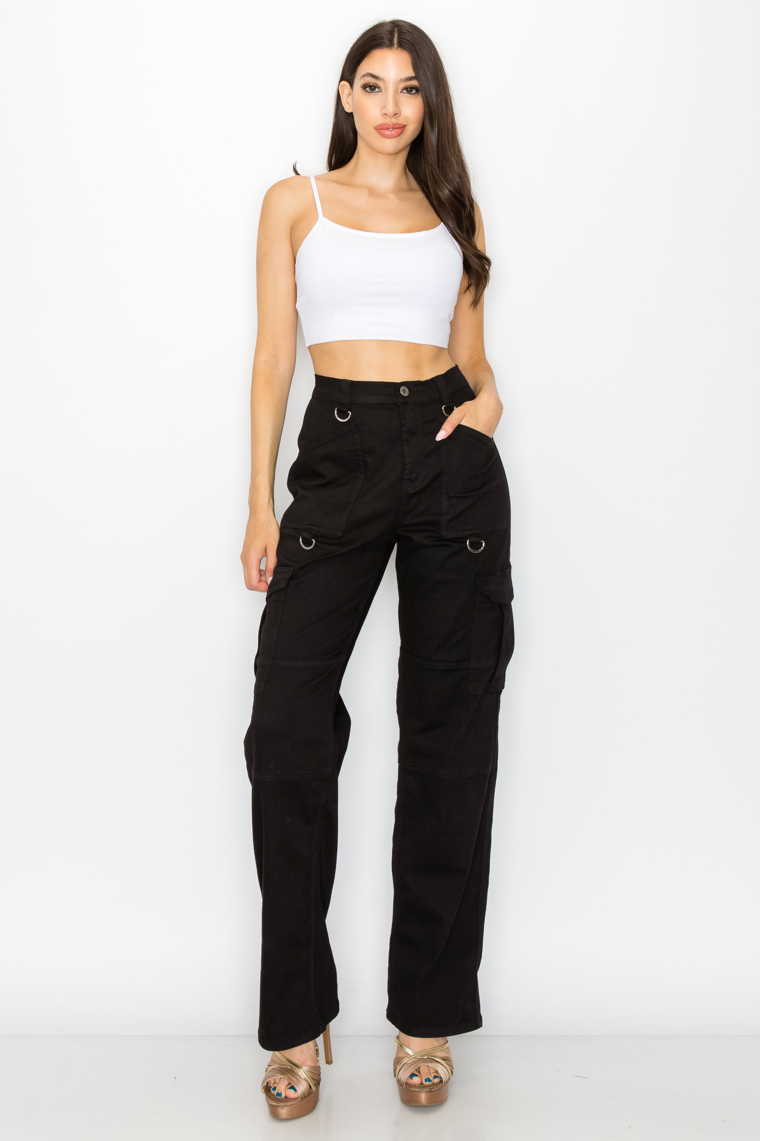 APHT009 Women's High Waisted Black Cargo Pants