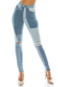 40043 Women's High Waisted Multi Color Panel Skinny Jeans with Knee Slice