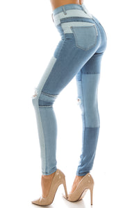 40043 Women's High Waisted Multi Color Panel Skinny Jeans with Knee Slice